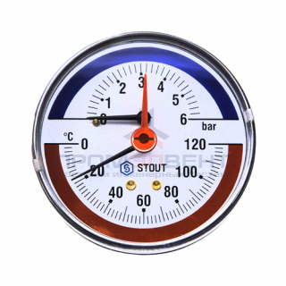 Термоманометр аксиальный STOUT - 1/2" (D80 мм, шкала 0-120°C/0-10 бар, с запорным клапаном)